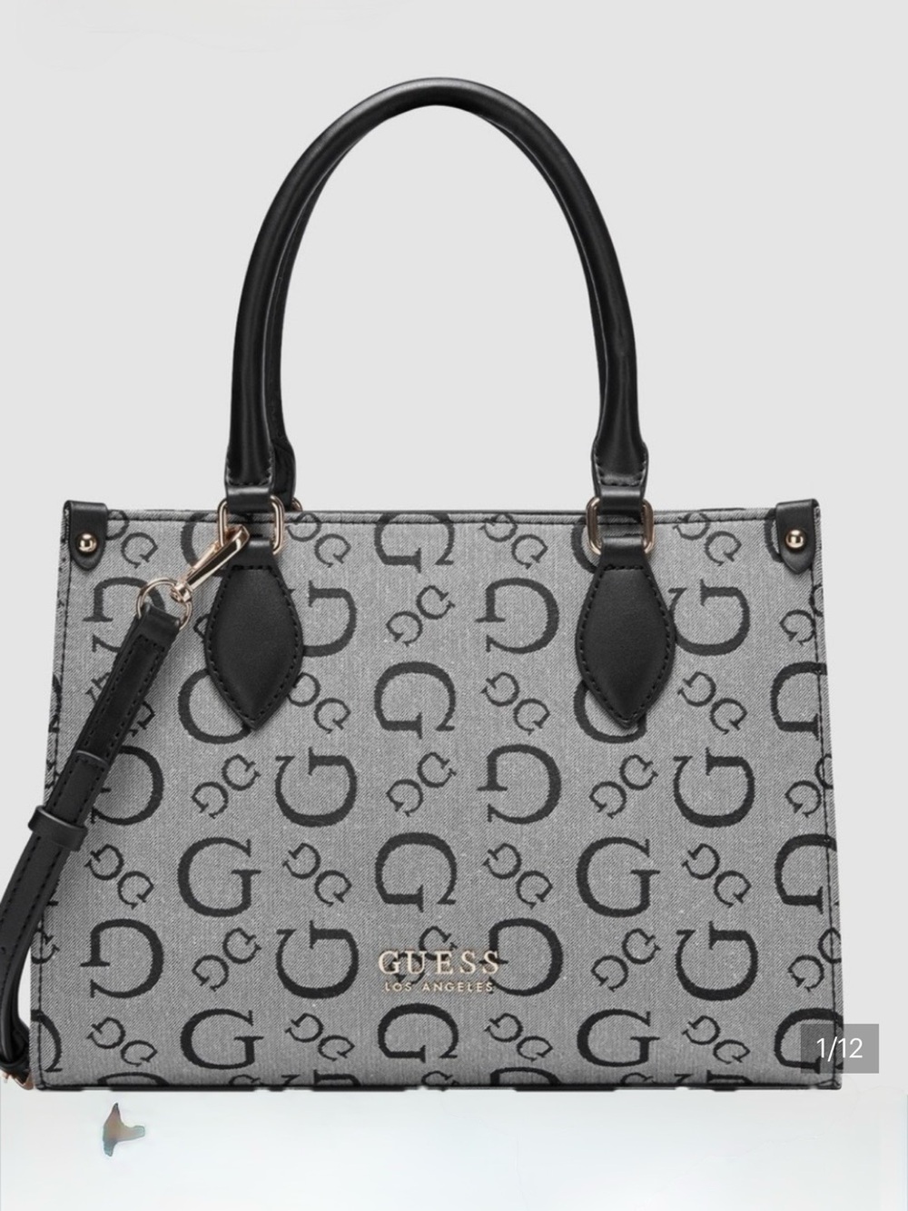 GUESS Gray Monogram Tote Bag with Black Trim